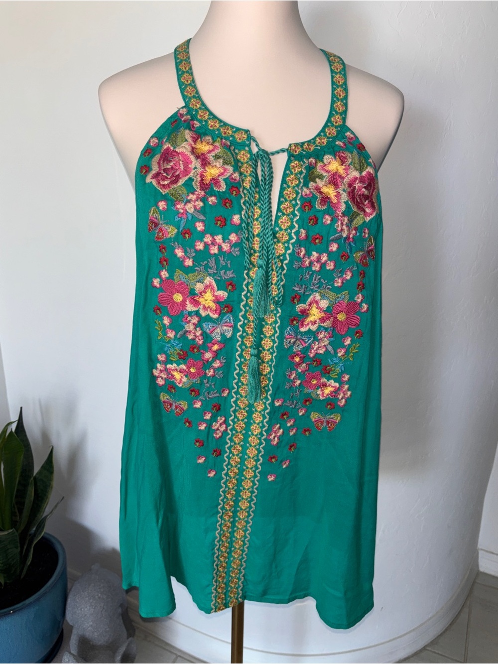 Savanna Jane Embroidered Teal Floral Halter Tunic